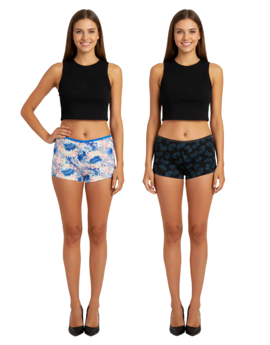 SUPER SOFT PACK OF 2 BOY SHORTS COTTON BRIEFS-GAME BLACK+LEAF PRINT
