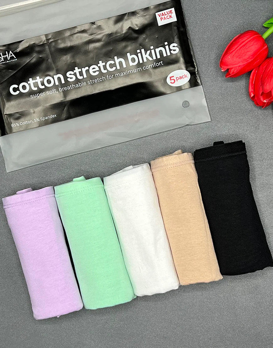 PACK OF 5 SUPER SOFT COTTON STRETCH BIKINI BRIEFS -ASSORTED