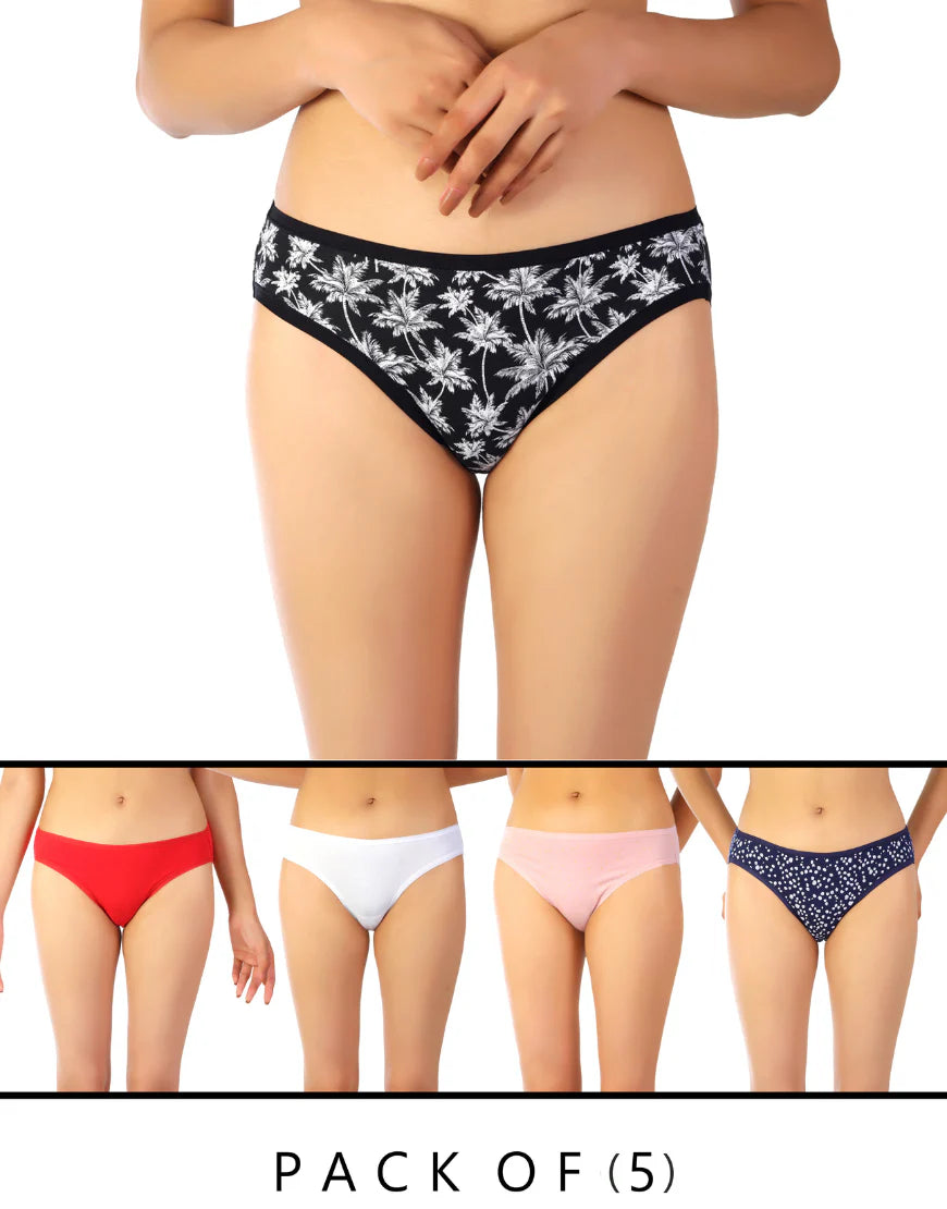 PACK OF 5 SUPER SOFT COTTON STRETCH PRINTED BIKINI BRIEFS -PALM