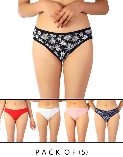 PACK OF 5 SUPER SOFT COTTON STRETCH PRINTED BIKINI BRIEFS -PALM