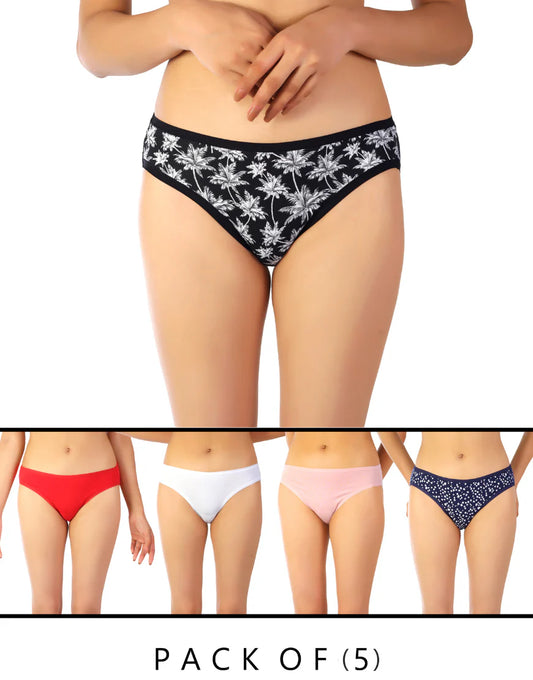 PACK OF 5 SUPER SOFT COTTON STRETCH PRINTED BIKINI BRIEFS -PALM