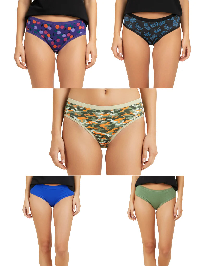PACK OF 5 SUPER SOFT COTTON STRETCH PRINTED BIKINI BRIEFS -GREEN ARMY